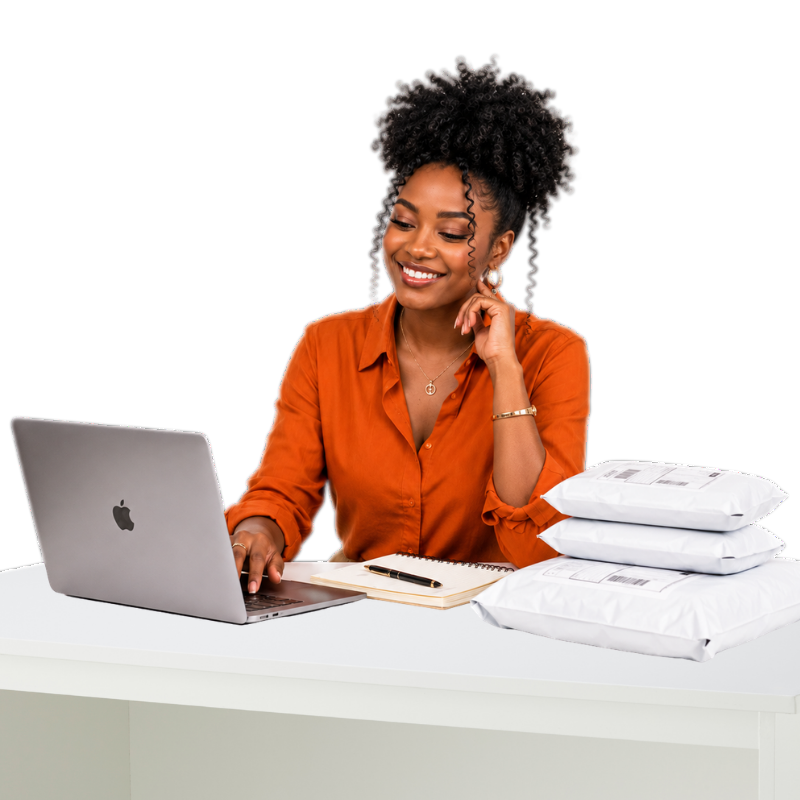 Small business owner working on her laptop while Strendex runs her marketing